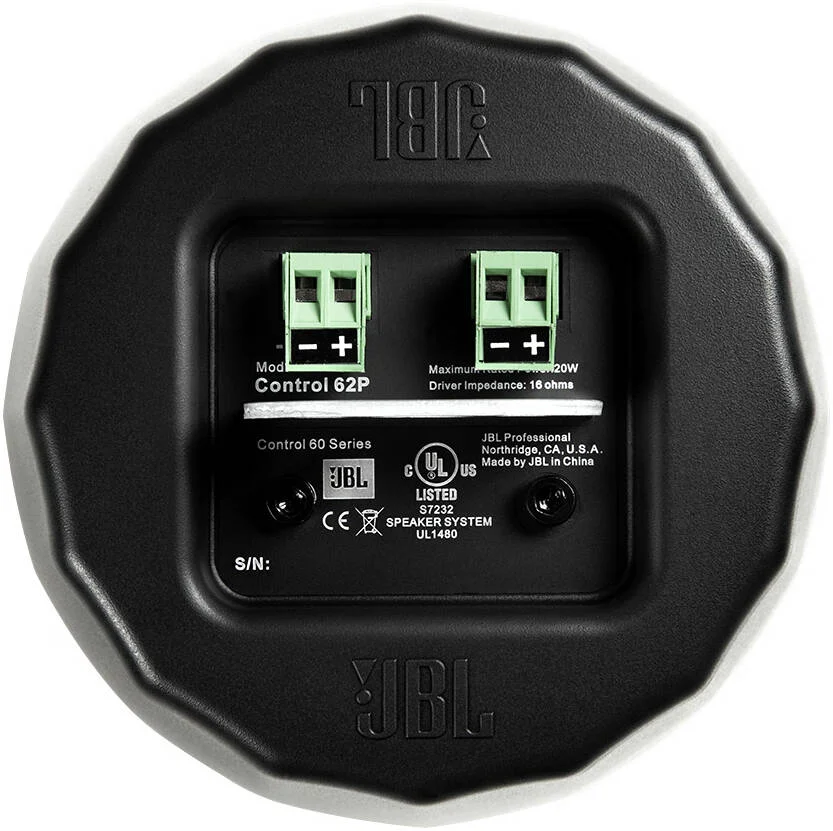 بلندگوی آویز ماهواره ای فوق فشرده JBL Control 62P، درایور 2 اینچی (50 میلی متری)، توان خروجی 20 وات، 16 اهم، توری کامل، مشکی | C62P