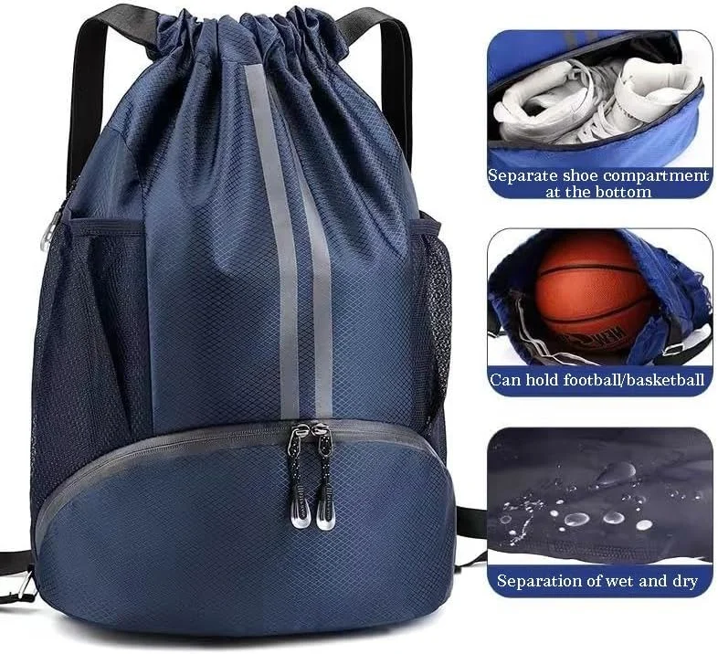 کیف کوله پشتی بند دار QUEENADA - کیف ورزشی بند دار شنا و باشگاه با محفظه کفش و جیب ضد آب برای مسافرت، باشگاه بسکتبال (آبی)