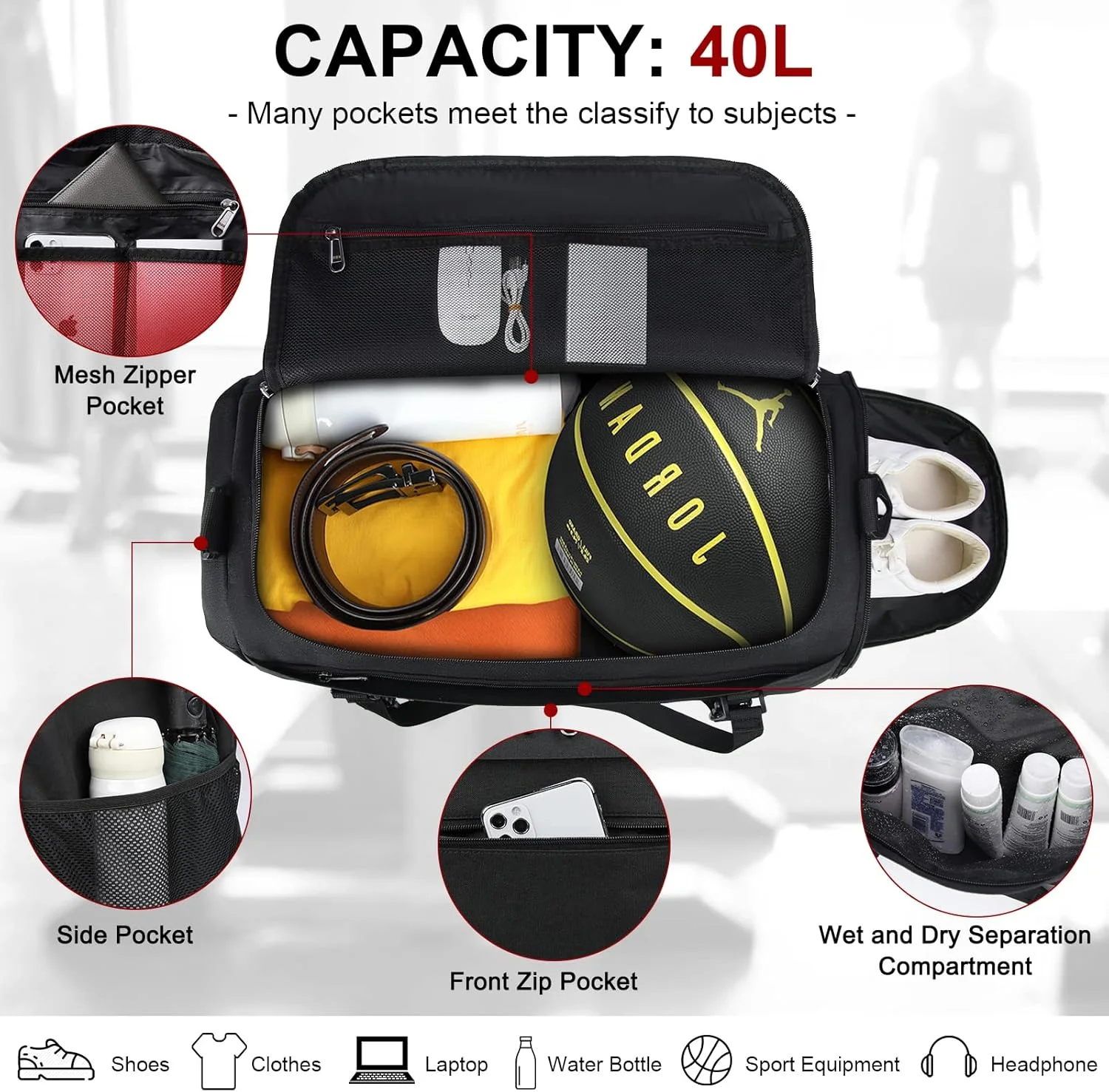 کیف ورزشی RAINSMORE مردانه زنانه مسافرتی بزرگ 40 لیتری ضد آب با محفظه کفش، محفظه خیس، کیف آخر هفته، کیف تمرین، کیف شنا، کیف ورزشی باشگاه مشکی