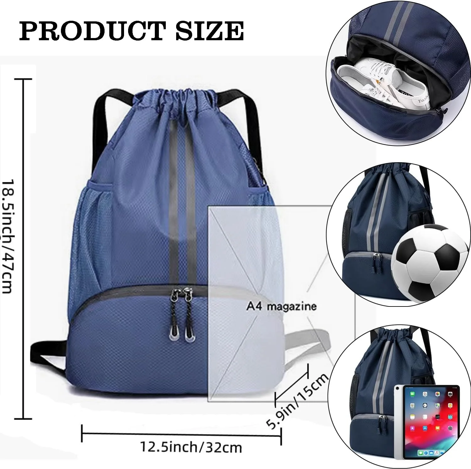 کیف کوله پشتی بند دار QUEENADA - کیف ورزشی بند دار شنا و باشگاه با محفظه کفش و جیب ضد آب برای مسافرت، باشگاه بسکتبال (آبی)