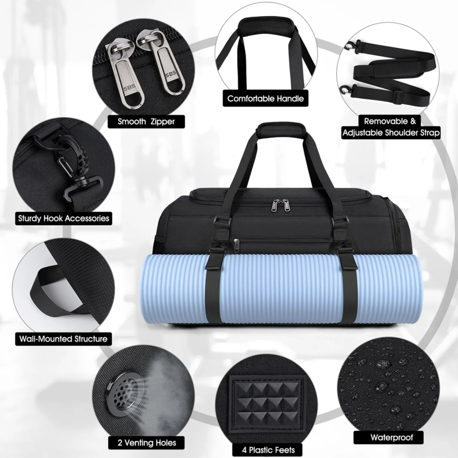 کیف ورزشی RAINSMORE مردانه زنانه مسافرتی بزرگ 40 لیتری ضد آب با محفظه کفش، محفظه خیس، کیف آخر هفته، کیف تمرین، کیف شنا، کیف ورزشی باشگاه مشکی