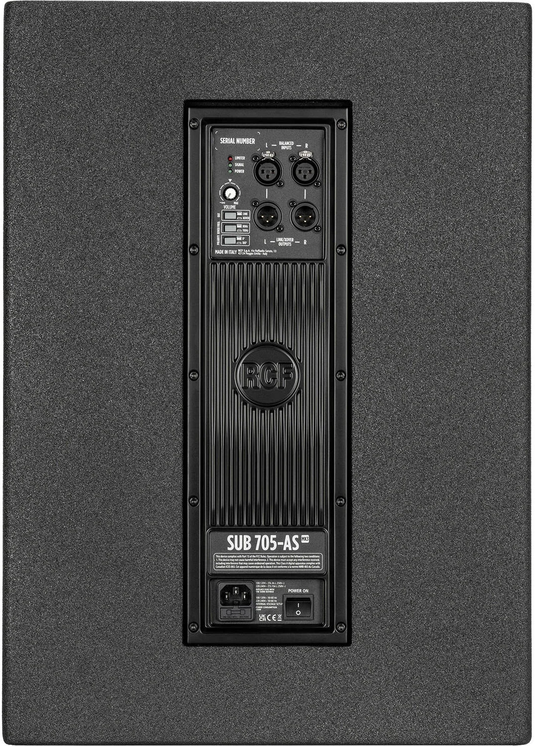 ساب ووفر اکتیو ۱۵ اینچی Bass-Reflex مدل RCF SUB 705-AS MK3 با توان پیک ۱۴۰۰ وات / توان RMS ۷۰۰ وات، حداکثر SPL ۱۳۱dB، کراس اوور استریو، کنترل حرکت بیس و بدنه چوب توس بالتیک، مشکی | SUB 705-AS MK3