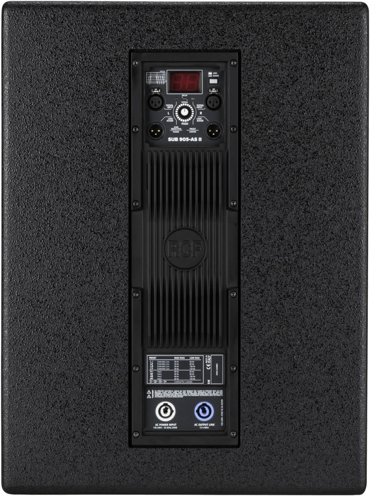 ساب ووفر اکتیو Bass-Reflex مدل RCF SUB 905-AS MKII با ووفر 15 اینچی، توان پیک 2200 وات / توان مداوم 1100 وات RMS، حداکثر SPL 133dB، کراس اوور/تاخیر قابل انتخاب، بدنه چوب توس بالتیک، مشکی | SUB 905-AS MK3