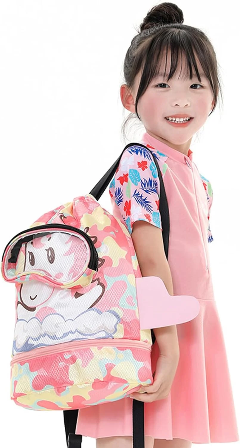 کیف شنا کودکانه SOOFAM با محفظه جداگانه خشک و تر برای شناگران، کوله پشتی ساحلی بند دار بچگانه، کیف بند کشی، کوله پشتی ضد آب با محفظه کفش