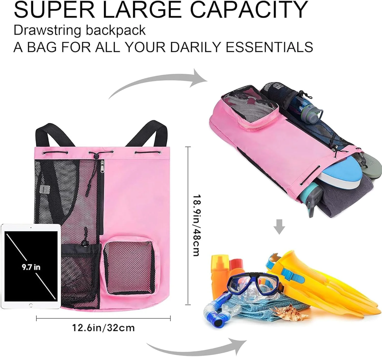 کیف شنا توری بند دار SOOFAM با تفکیک خشک و تر، جیب خیس برای استخر، ساحل، ورزش - کوله پشتی بند دار برای کشتی