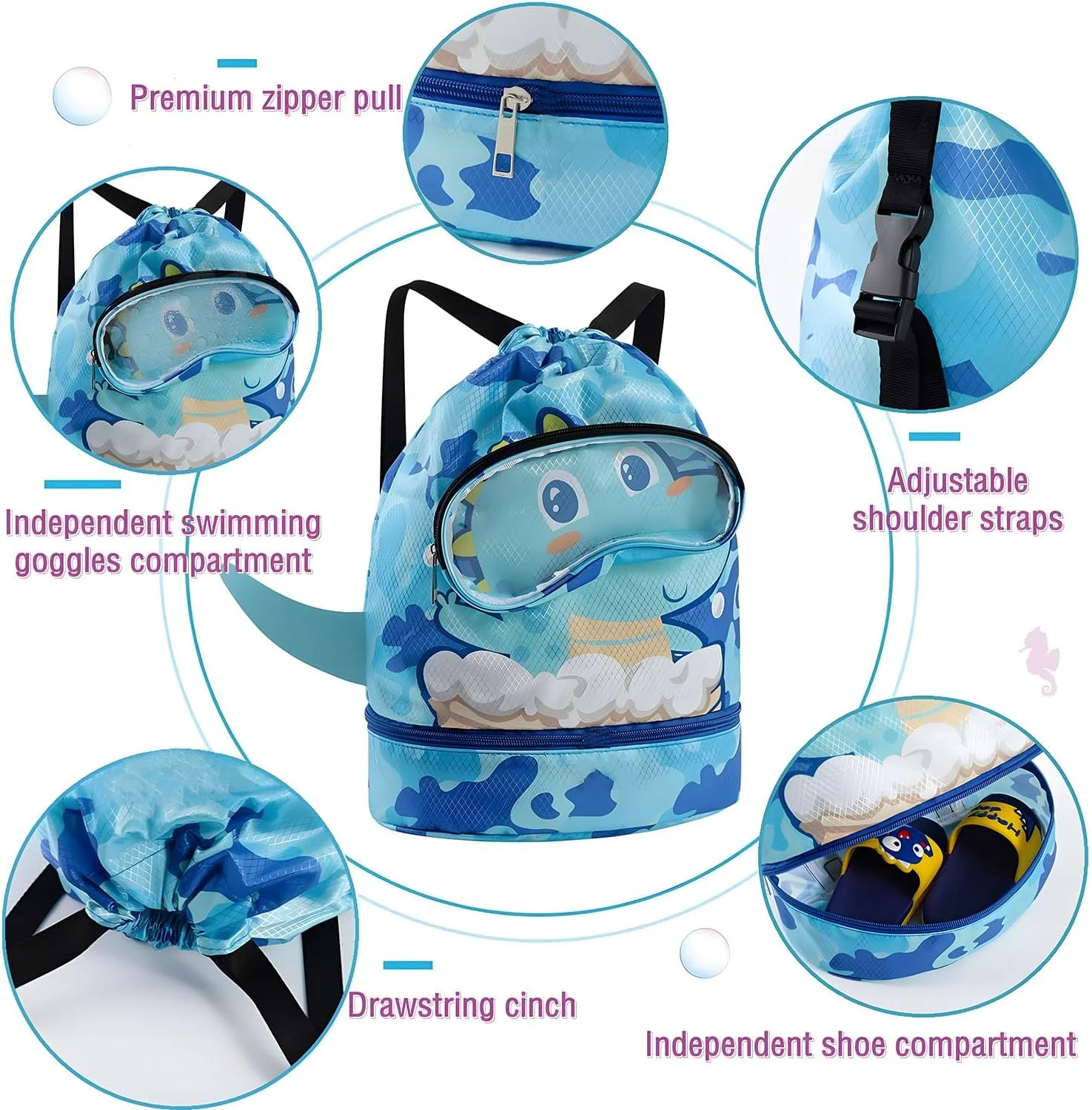 کیف شنا طرح فنری X برای کودکان، کوله پشتی بند دار کودکان، کوله پشتی سبک وزن ضد آب، کیف شنا بند دار طرح دایناسور، کیف ساحلی با محفظه کفش، مناسب برای باشگاه، ساحل و استخر