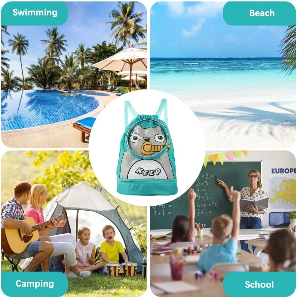 کیف شنا برای کودکان، کوله پشتی بند دار ضد آب، کیف ورزشی باشگاه برای پسران و دختران، کوله پشتی مسافرتی ساحلی، سبک و بادوام، سبز