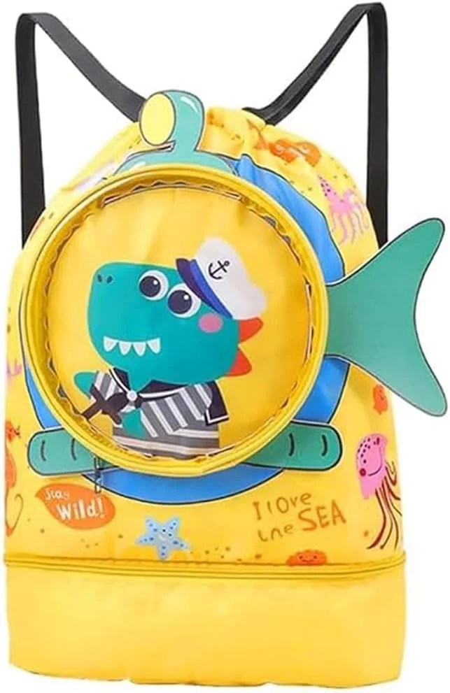 کیف شنا برای کودکان با طرح کوسه کارتونی زیبا، کوله پشتی ضد آب با بند کشی، کیف نگهداری جداگانه خشک و مرطوب، کوله پشتی مسافرتی ورزشی قابل حمل ساحلی - زرد