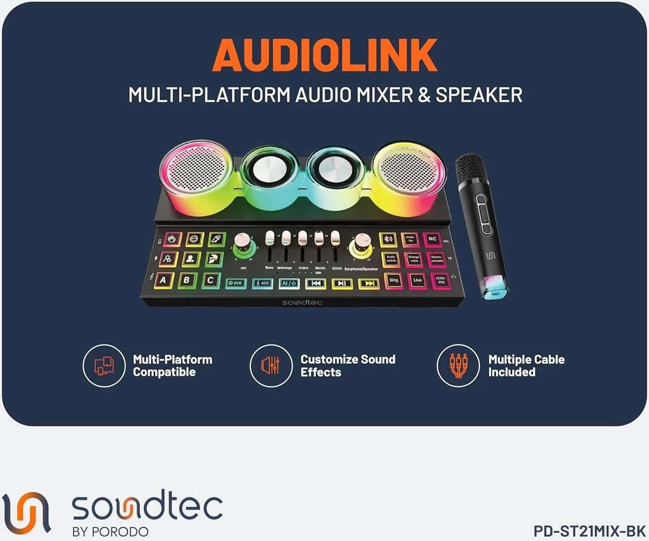 میکسر صوتی و اسپیکر چند پلتفرمی Porodo Soundtec Audiolink، برد انتقال 10 متری، بلوتوث 5.3+EDR، 1 میکروفون بی سیم، حداکثر خروجی 20 وات، شارژ Type-C، OTG، کارت TF، AUX - مشکی میکسر صوتی و اسپیکر چند پلتفرمی Porodo Soundtec Audiolink، برد انتقال 10 متری، بلوتوث 5.3+EDR، 1 میکروفون بی سیم، حداکثر خروجی 20 وات، شارژ Type-C، OTG، کارت TF، AUX - مشکی