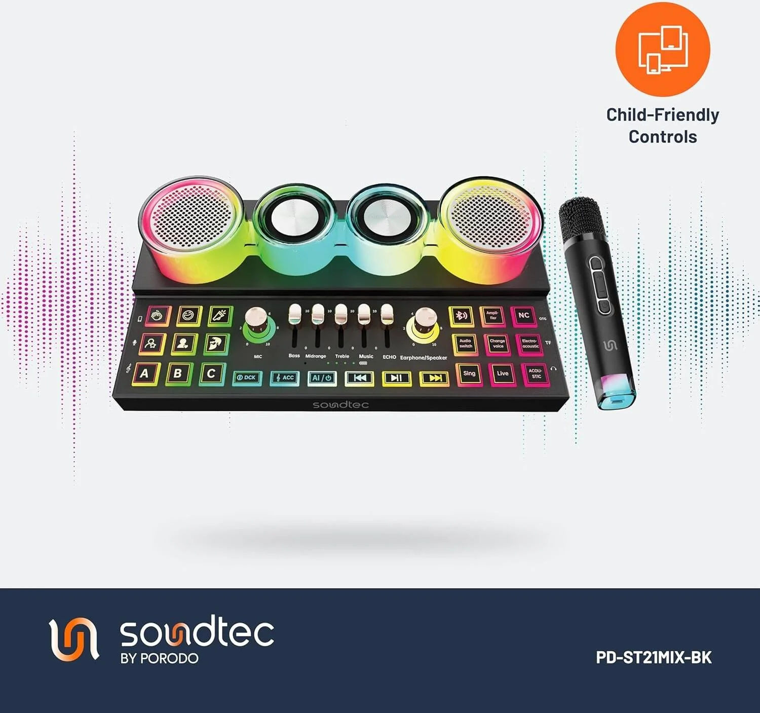 میکسر صوتی و اسپیکر چند پلتفرمی Porodo Soundtec Audiolink، برد انتقال 10 متری، بلوتوث 5.3+EDR، 1 میکروفون بی سیم، حداکثر خروجی 20 وات، شارژ Type-C، OTG، کارت TF، AUX - مشکی میکسر صوتی و اسپیکر چند پلتفرمی Porodo Soundtec Audiolink، برد انتقال 10 متری، بلوتوث 5.3+EDR، 1 میکروفون بی سیم، حداکثر خروجی 20 وات، شارژ Type-C، OTG، کارت TF، AUX - مشکی