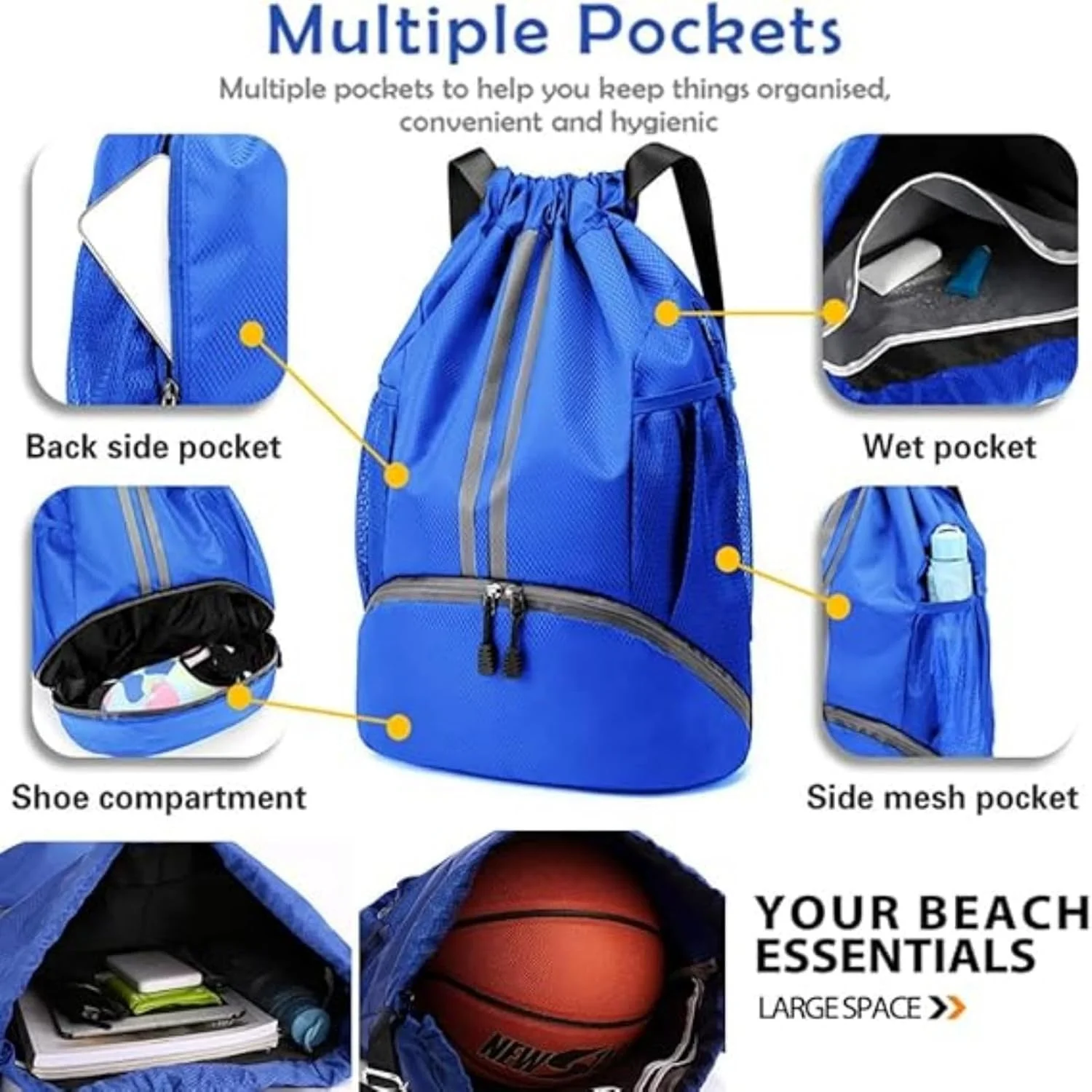 کوله پشتی بند دار تزویق، ضد آب، دارای محفظه زیپ دار/کفش/جیب خیس/جیب توری، کیف ورزشی مردانه، کیف بزرگ بند دار برای سفر، فوتبال، شنا، پیاده روی (آبی)