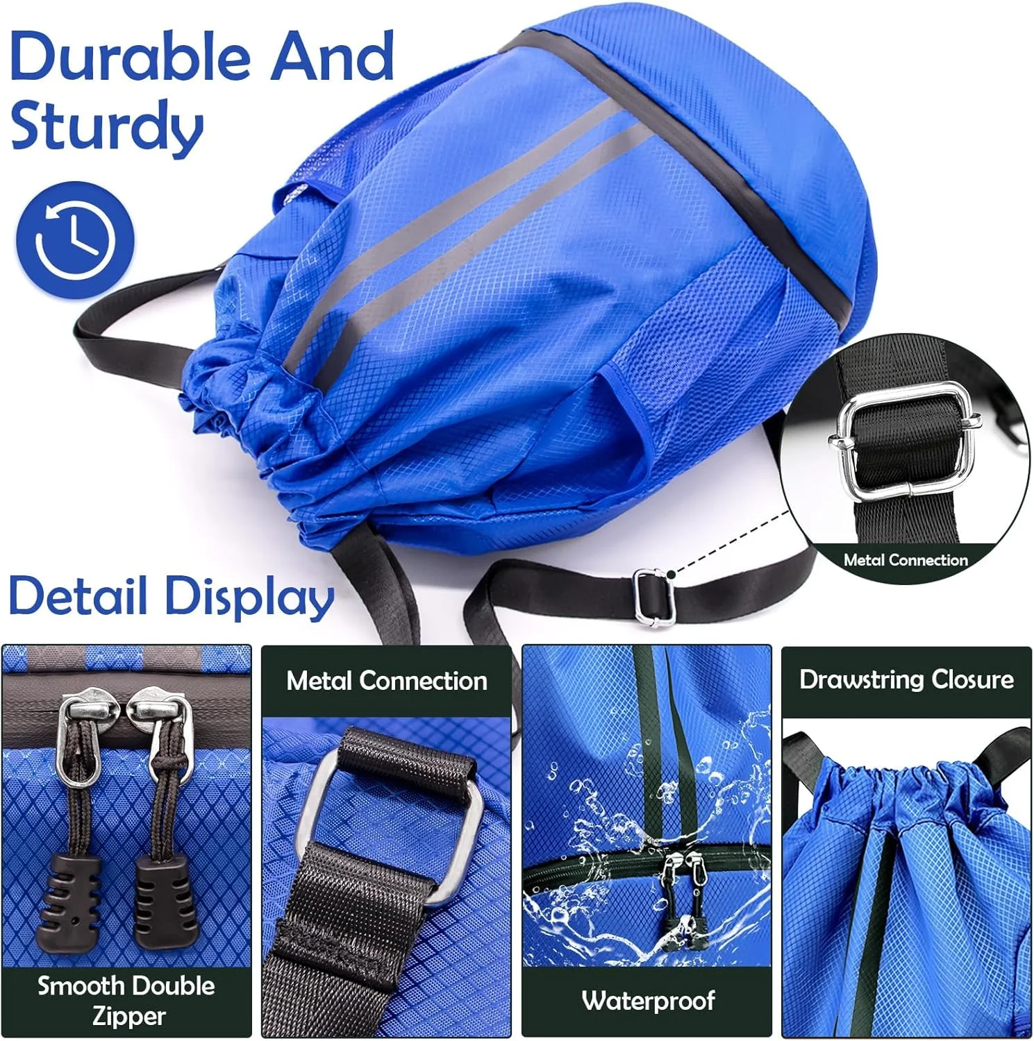 کوله پشتی بند دار تزویق، ضد آب، دارای محفظه زیپ دار/کفش/جیب خیس/جیب توری، کیف ورزشی مردانه، کیف بزرگ بند دار برای سفر، فوتبال، شنا، پیاده روی (آبی)