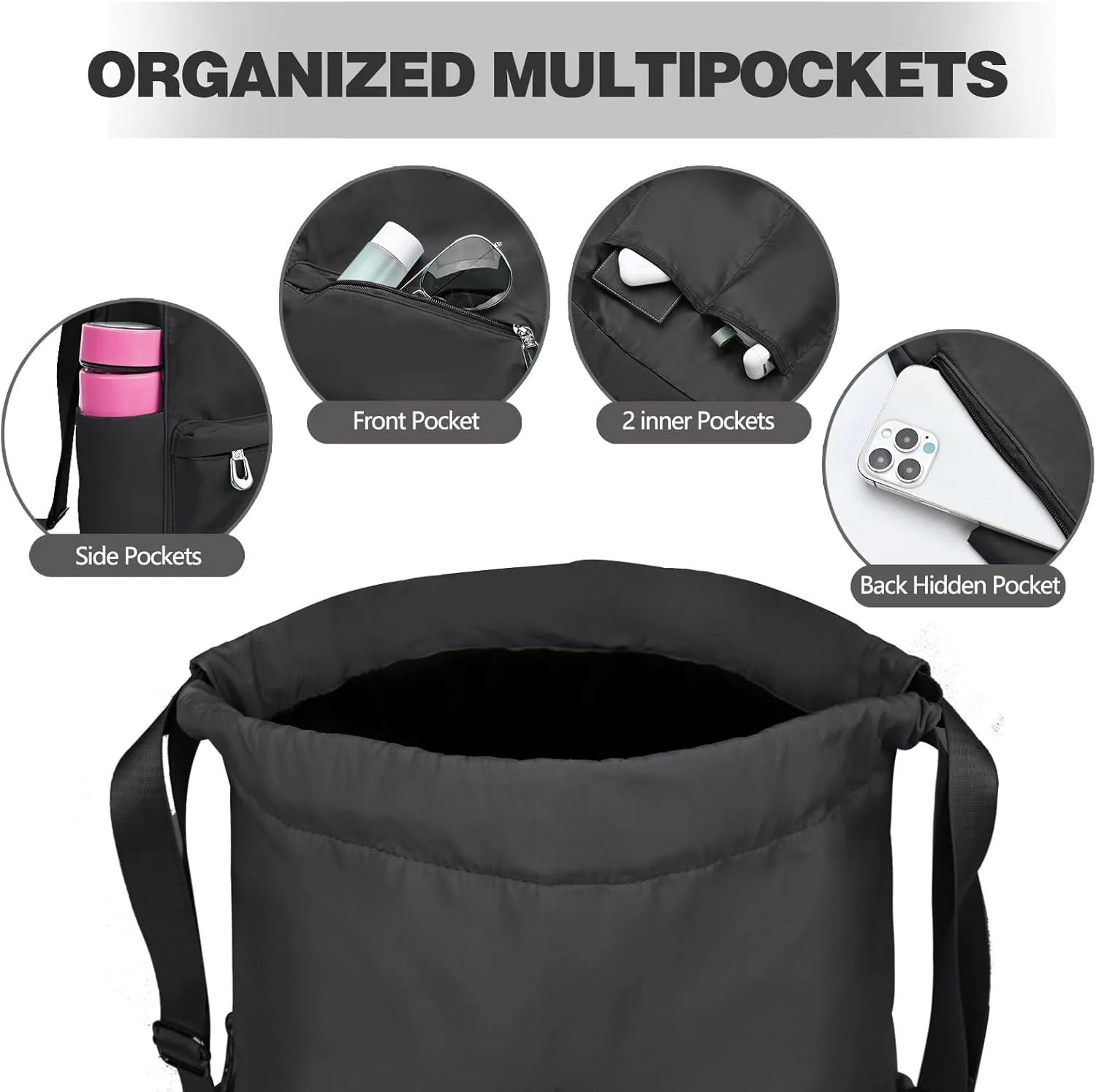 کوله پشتی بند دار TERRIFI، 1 عدد کیف بند دار، کوله پشتی کیسه ای جمع شونده با بند، دارای جیب خیس، کوله پشتی ورزشی ضد آب با بند برای زنان و مردان (مشکی)