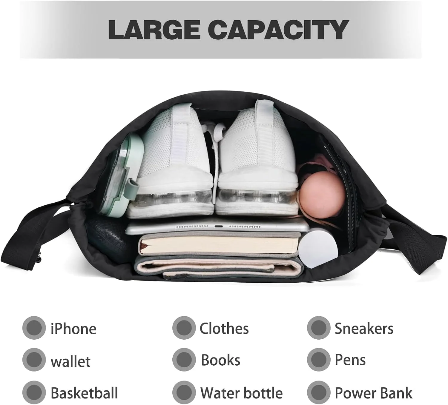 کوله پشتی بند دار TERRIFI، 1 عدد کیف بند دار، کوله پشتی کیسه ای جمع شونده با بند، دارای جیب خیس، کوله پشتی ورزشی ضد آب با بند برای زنان و مردان (مشکی)