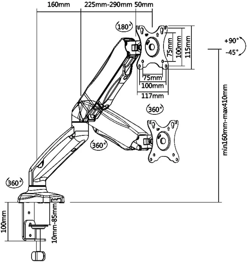 بازوی مانیتور گازی تک مانیتوره Skill Tech SH 130C012، نصب شده روی میله، حداکثر ظرفیت: 2-6.5 کیلوگرم، حداکثر VESA 100x100mm، مشکی، پایه مانیتور