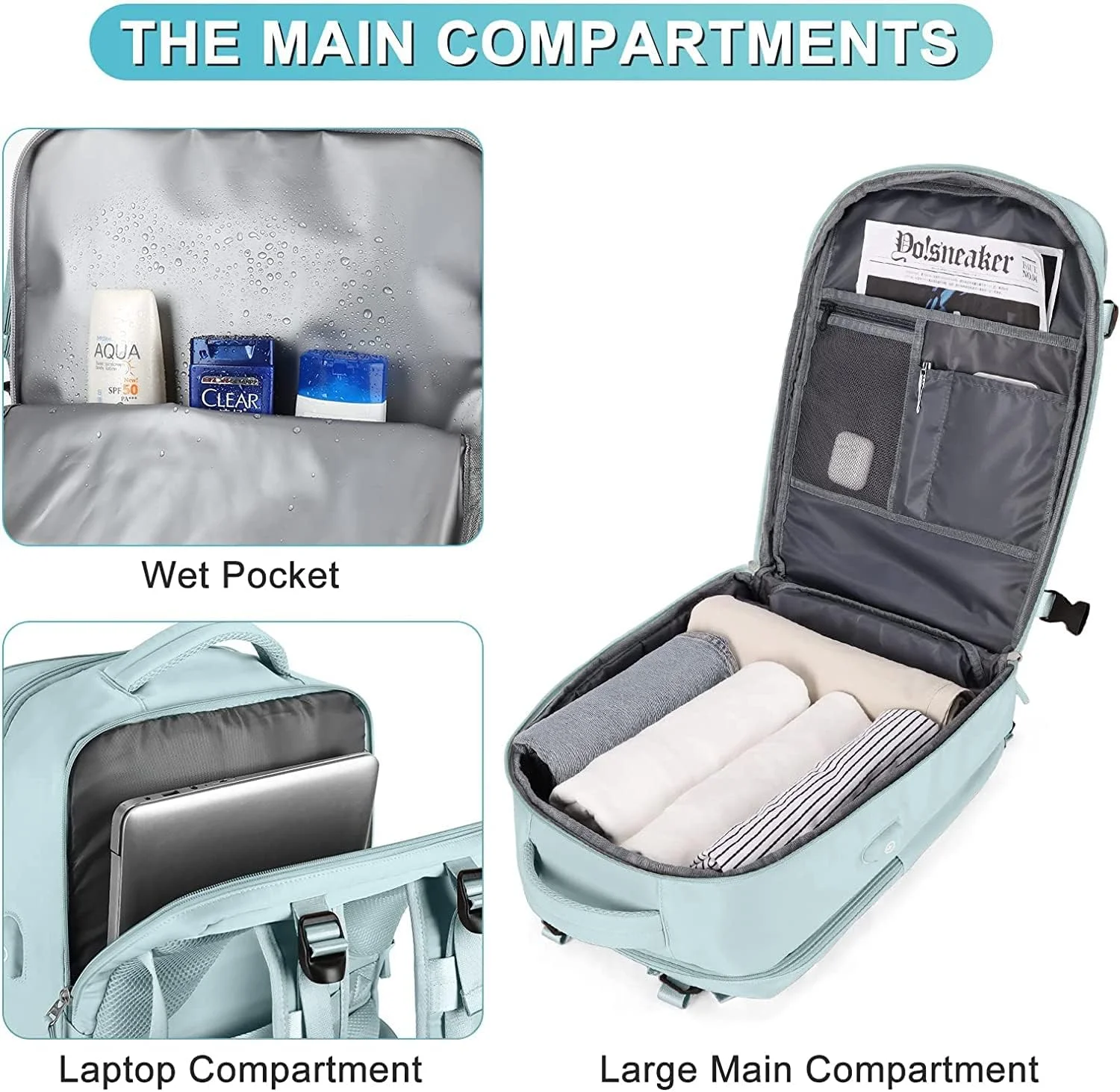 کوله پشتی بزرگ مسافرتی زنانه SKADE، کوله پشتی دستی، کوله پشتی پیاده روی ضد آب ورزشی در فضای باز کوله پشتی روزمره کیف مدرسه (آبی)