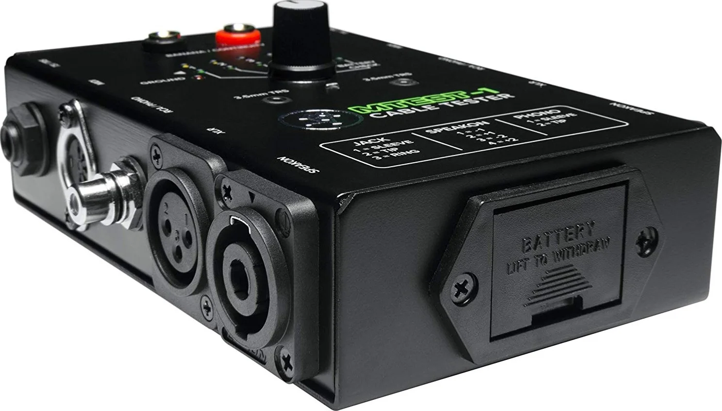 تستر کابل Mackie MTest 1، تست 7 نوع کانکتور، جک های TRS 3.5mm و TRS/TS 1/4 اینچی، سوئیچ 6 طرفه، XLR، SpeakON، RCA، MIDI و جک های Banana، مشکی | MTest-1