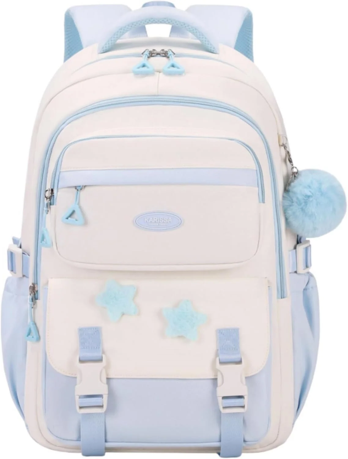 کوله پشتی آبی روشن دخترانه، کیف مدرسه برای دختران نوجوان، کوله پشتی دخترانه برای مدرسه با سنجاق های ستاره ای و آویز خزدار