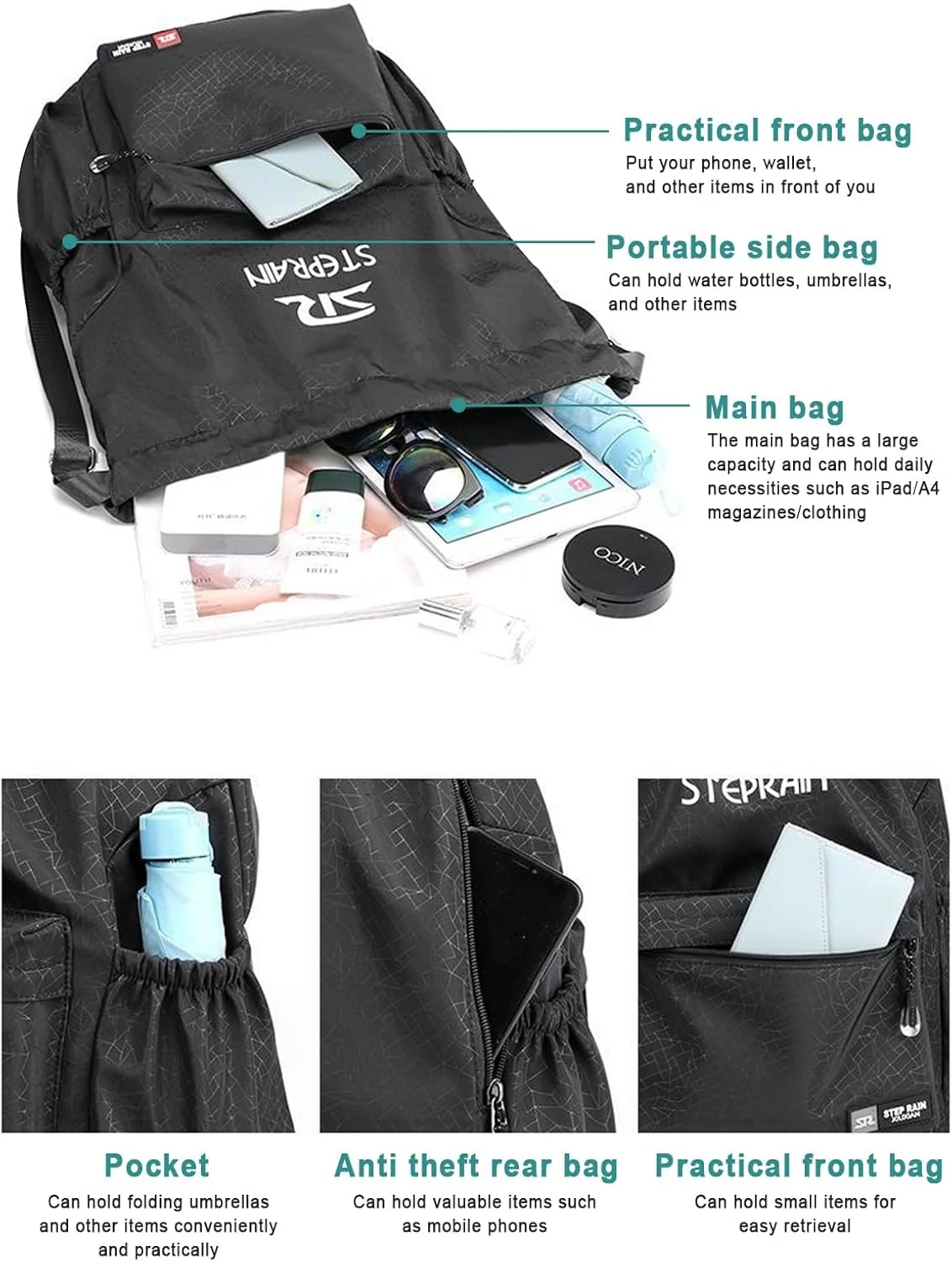 کیف کوله پشتی ورزشی بند دار URbazaar ضد آب با جیب های جلو و کناری، کوله پشتی ورزشی سبک وزن برای باشگاه، شنا، مسافرت، M