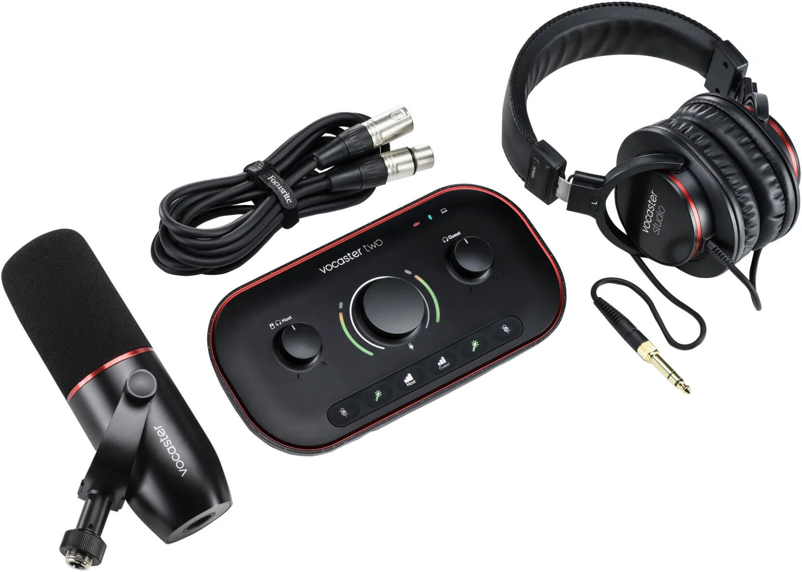 کیت استودیویی پادکستینگ یک نفره Focusrite Vocaster Two Studio، کارت صدای 2 ورودی با 2 خروجی HP، صدای مهمان/تلفن از طریق بلوتوث یا TRRS، فانتوم پاور برای میکروفون های کندانسر، مشکی | MOAC0004