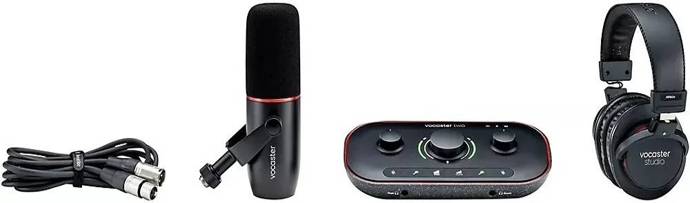 کیت استودیویی پادکستینگ یک نفره Focusrite Vocaster Two Studio، کارت صدای 2 ورودی با 2 خروجی HP، صدای مهمان/تلفن از طریق بلوتوث یا TRRS، فانتوم پاور برای میکروفون های کندانسر، مشکی | MOAC0004