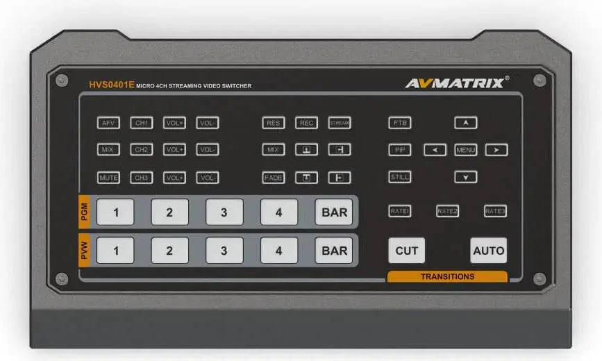 سوییچر ویدئویی AVMATRIX HVS0401E، ورودی 1-3 HDMI، ورودی 4 HDMI/DP، عملکرد PIP، اندازه و موقعیت قابل تنظیم، رابط GPIO برای سیستم Tally زنده، USB Type-C برای ضبط ویدئو (UVC) | HVS0401E