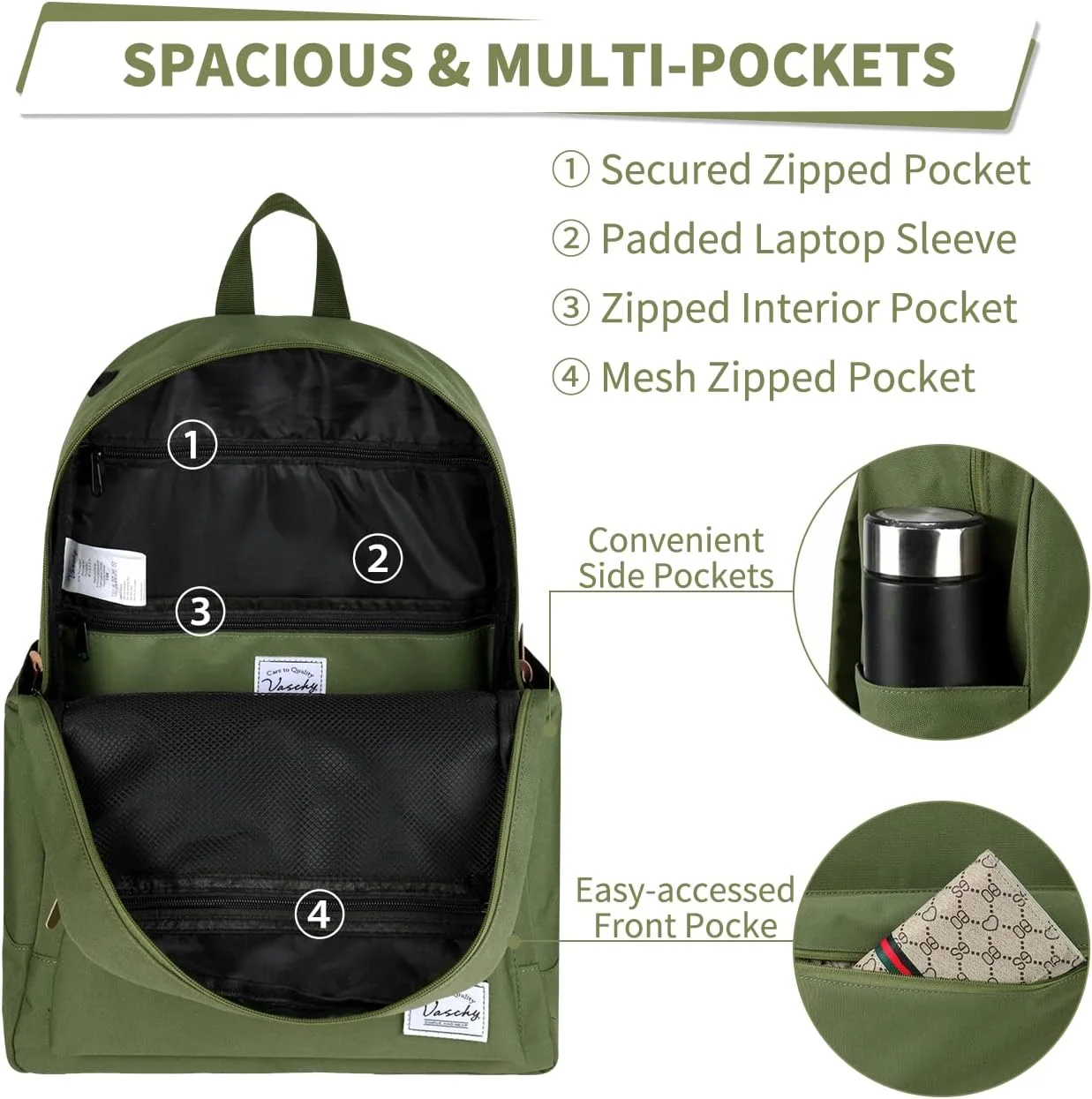 کوله پشتی مردانه و زنانه، کوله پشتی سبک وزن غیر رسمی کلاسیک مقاوم در برابر آب VASCHY مناسب برای لپ تاپ 15 اینچی برای مسافرت و کار