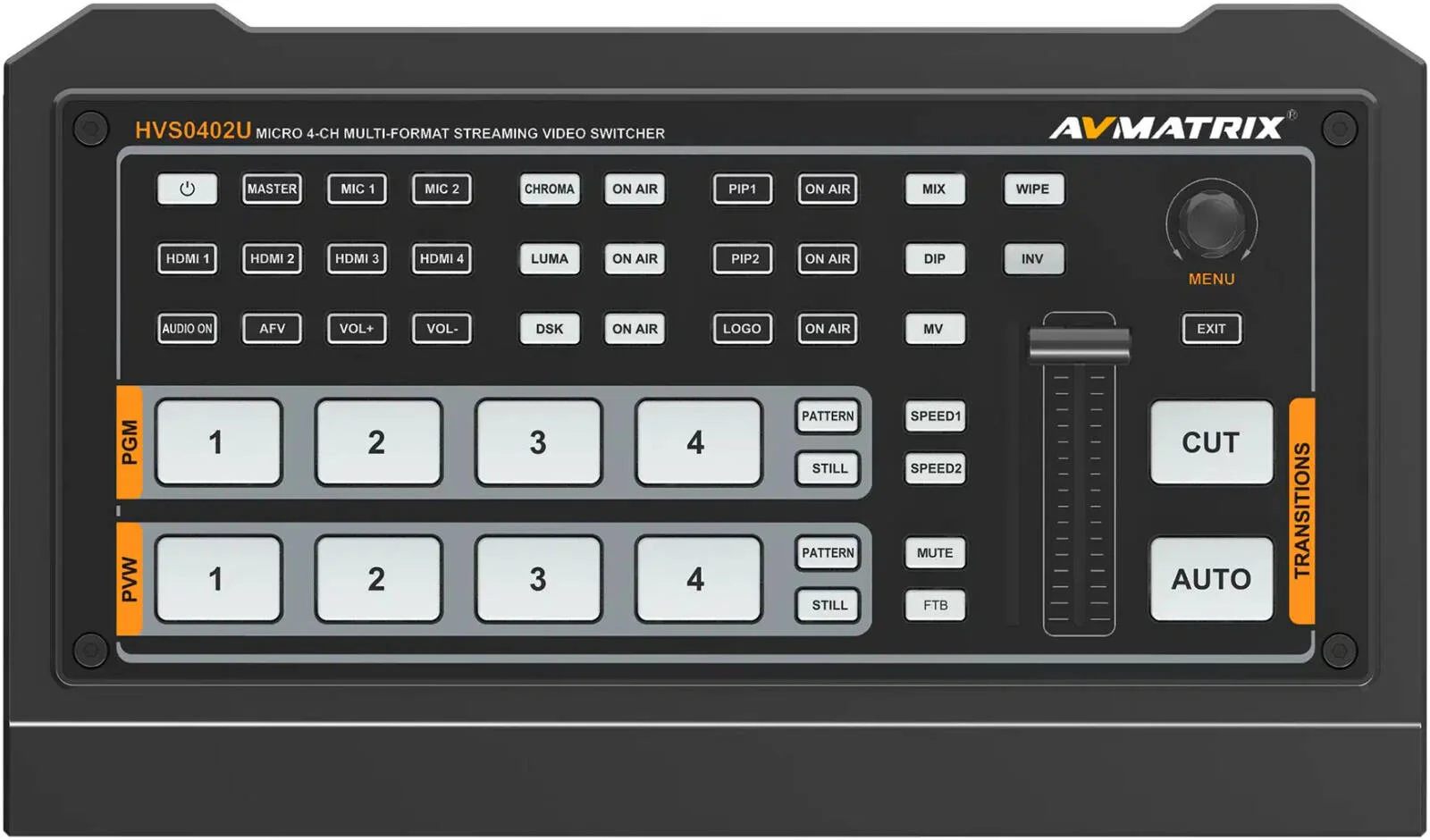 سوییچر ویدئویی AVMATRIX HVS0402U، دارای 4 کانال ورودی HDMI با قابلیت تشخیص خودکار، پشتیبانی از تشخیص خودکار، خروجی AUX قابل تنظیم و تخصیص، میکسر صدا، سوییچر ویدئویی پخش زنده | HVS0402U