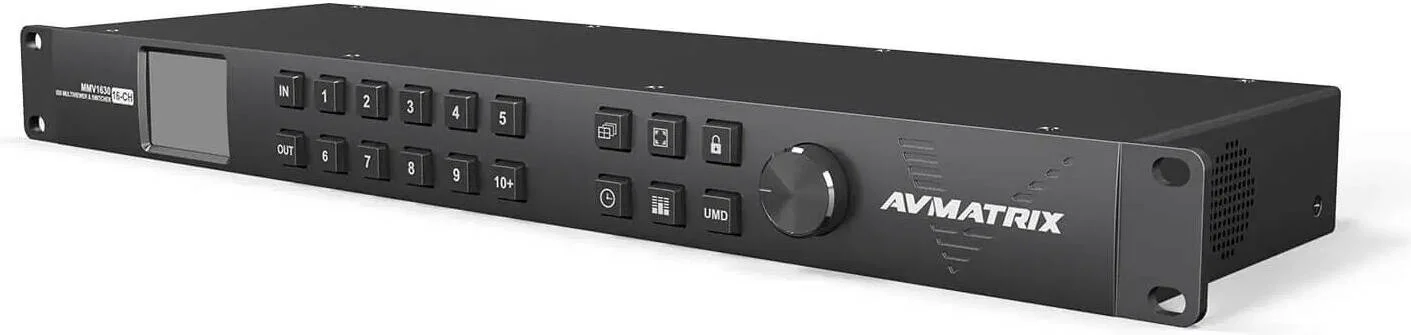 مولتی ویور و سوئیچر AVMATRIX MMV1630، دارای 16 خروجی لوپ 3G-SDI، 2 خروجی SDI و 1 خروجی HDMI، نه فرمت قابل انتخاب تا 1080p، 20 طرح بندی استاندارد، 16 ورودی 3G-SDI | MMV1630
