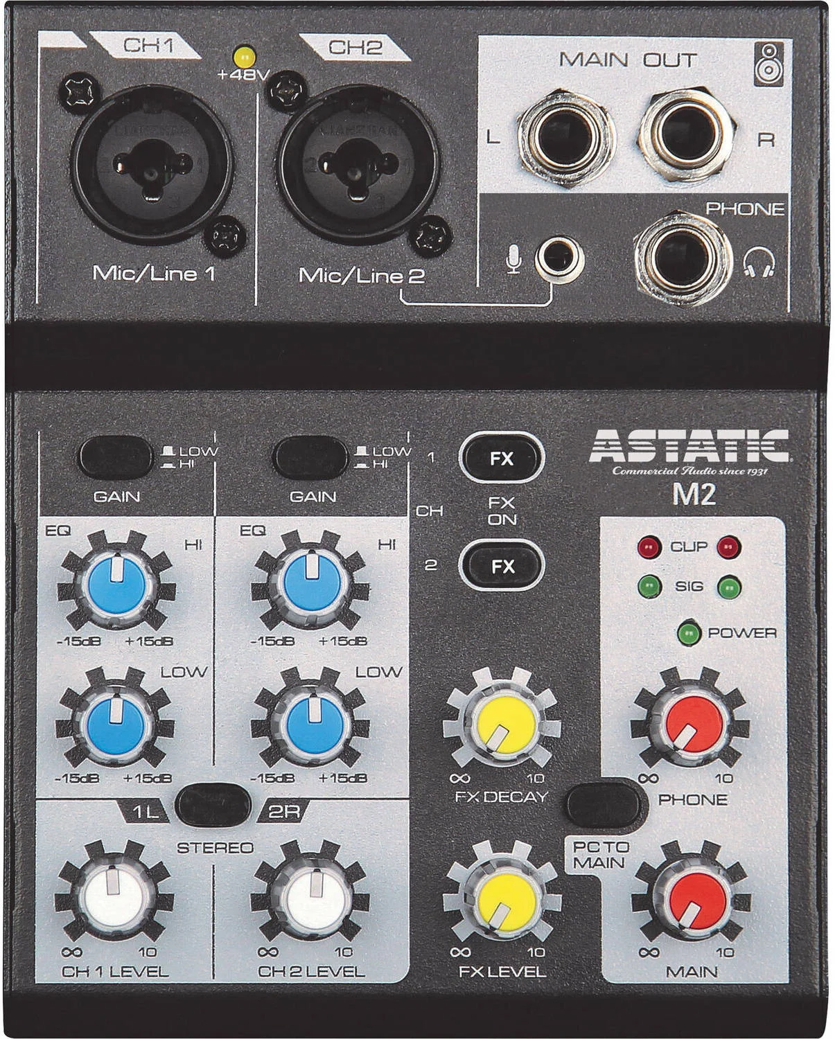 میکسر 2 کاناله CAD AUDIO Astatic M2 با رابط USB، استریو متعادل، دو ورودی ترکیبی میکروفون/لاین XLR/1/4 اینچی، باس ریورب FX، فانتوم پاور 48 ولت، نمونه برداری تا 48 کیلوهرتز / 24 بیت، مشکی | M2-2