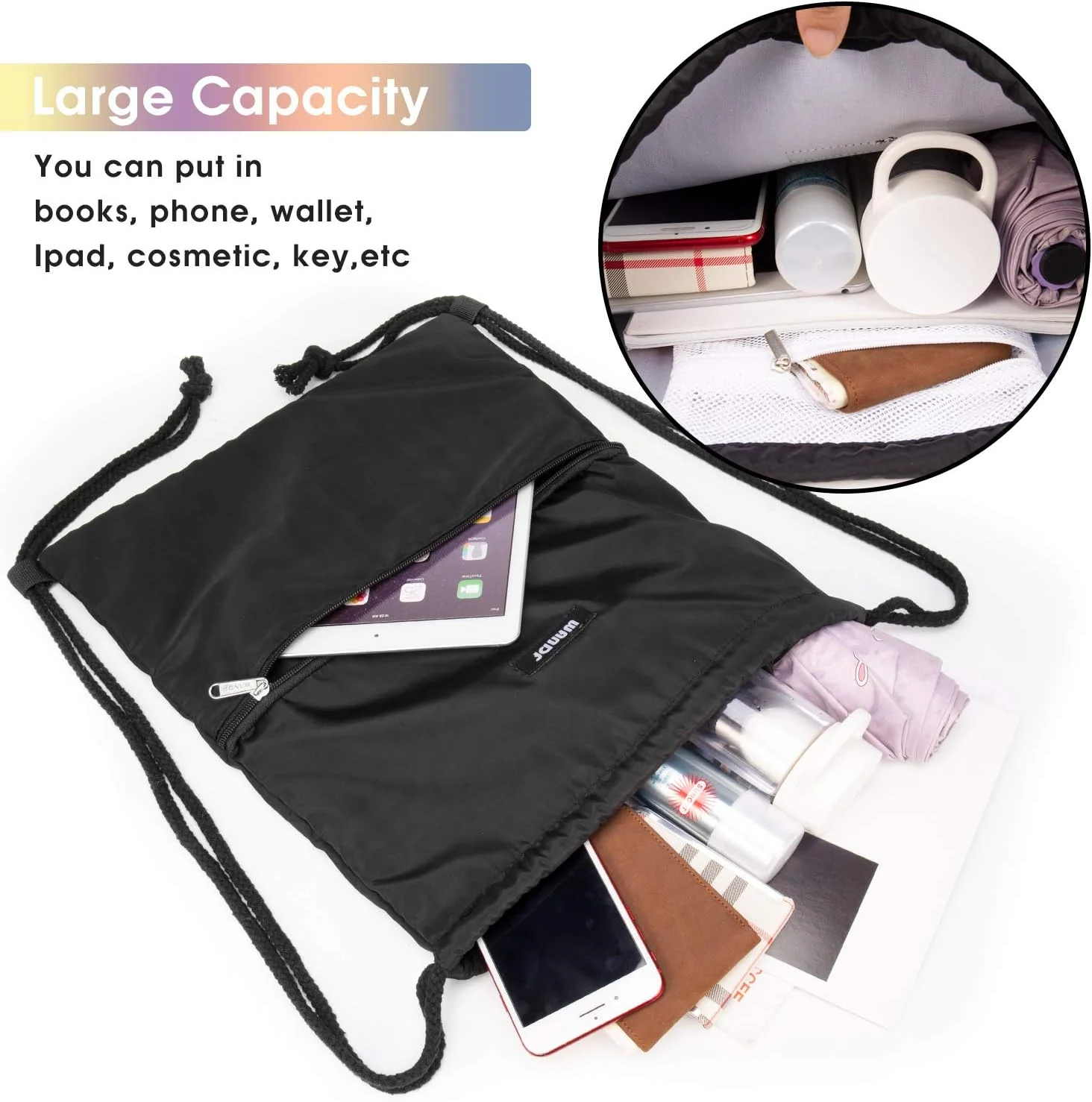 کیف کوله پشتی بند دار WANDF، کیف طنابی ضد آب نایلونی برای باشگاه، خرید، ورزش و یوگا