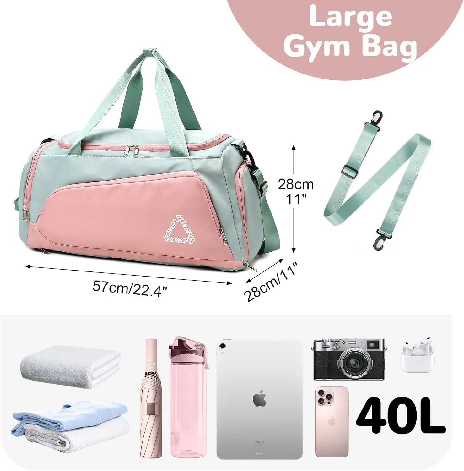 کیف ورزشی ضد آب 40 لیتری با محفظه کفش برای بانوان، کوله پشتی مسافرتی بزرگ آخر هفته با ظرفیت زیاد برای تناسب اندام، سفر کاری، فضای باز، تعطیلات سبز و صورتی