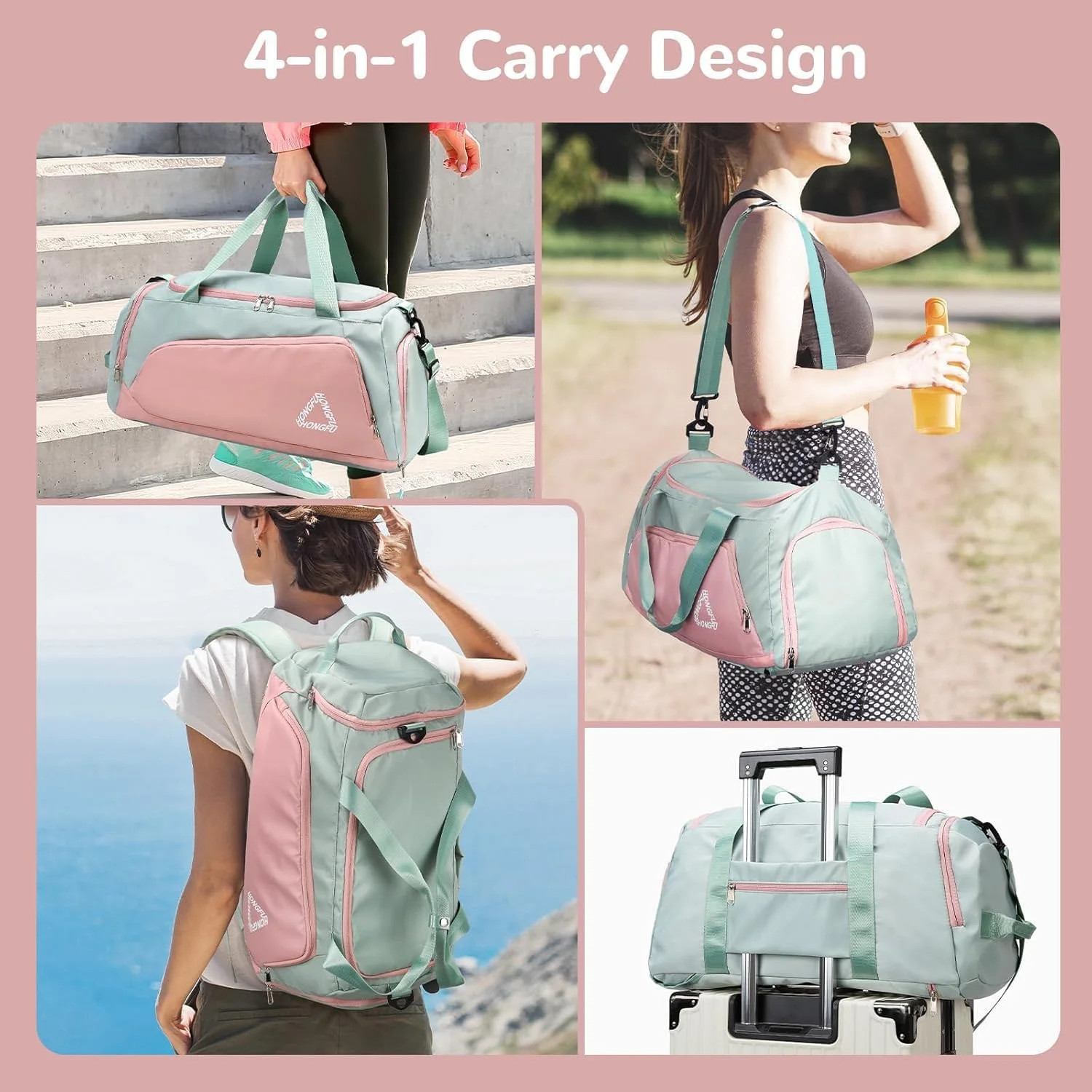 کیف ورزشی ضد آب 40 لیتری با محفظه کفش برای بانوان، کوله پشتی مسافرتی بزرگ آخر هفته با ظرفیت زیاد برای تناسب اندام، سفر کاری، فضای باز، تعطیلات سبز و صورتی