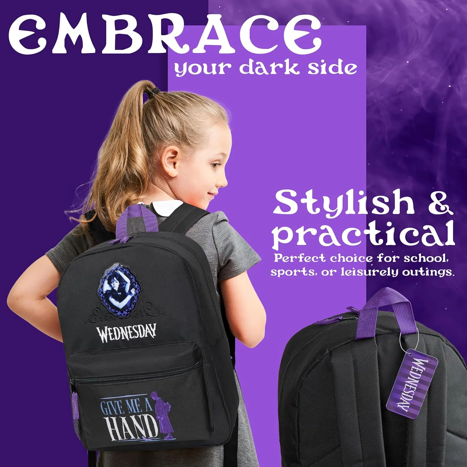 کوله پشتی بچگانه چهارشنبه با جیب جلویی و جیب توری جانبی، کوله پشتی مدرسه 37 در 29 سانتی متر مشکی - هدیه دخترانه