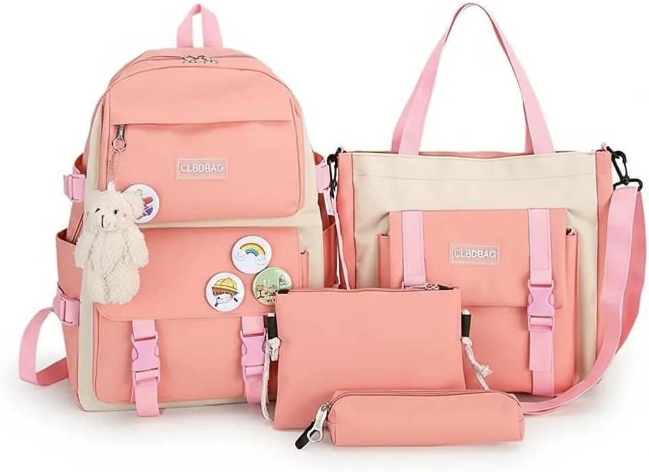 ست کوله پشتی 4 تکه 17 اینچی، کیف ورزشی زیبا با کوله پشتی، کیف شانه، جامدادی، کیف دستی، کیف کوچک (کوله پشتی صورتی)