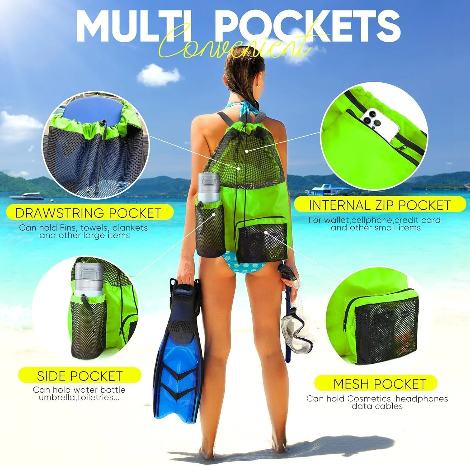 کیف توری ساحلی یلاجوی، کیف های ضدآب باشگاه ورزشی برای زنان و مردان، کوله پشتی بند دار بزرگ برای وسایل شنا