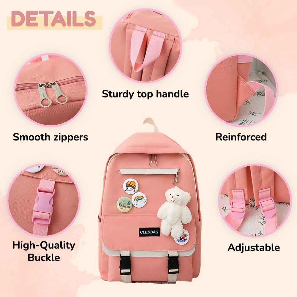 ست کوله پشتی 4 تکه 17 اینچی، کیف ورزشی زیبا با کوله پشتی، کیف شانه، جامدادی، کیف دستی، کیف کوچک (کوله پشتی صورتی)