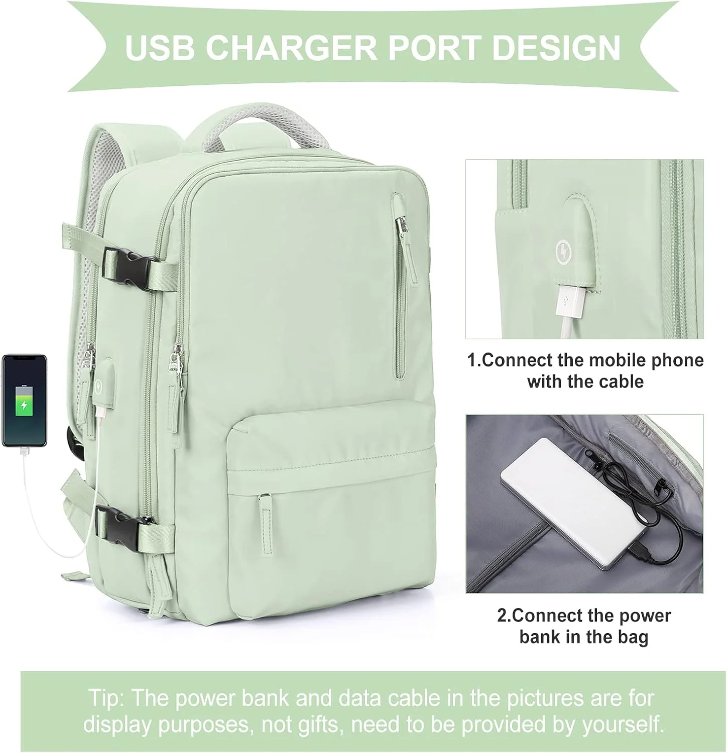 کوله پشتی بزرگ مسافرتی زنانه WONHOX، کوله پشتی دستی، کوله پشتی کوهنوردی ضد آب ورزشی مدرسه لپ تاپ، سبز نعنایی، بزرگ، کوله پشتی