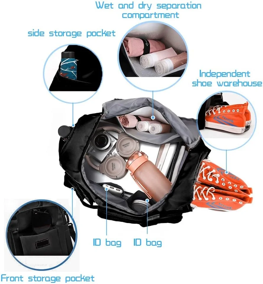 کیف دافل تاشو مسافرتی ورزشی Yuroochii، کیف دافل ورزشی جداگانه خشک و مرطوب، کیف یوگا، کیف دستی با محفظه کفش، کیف آخر هفته مسافرتی (مشکی)