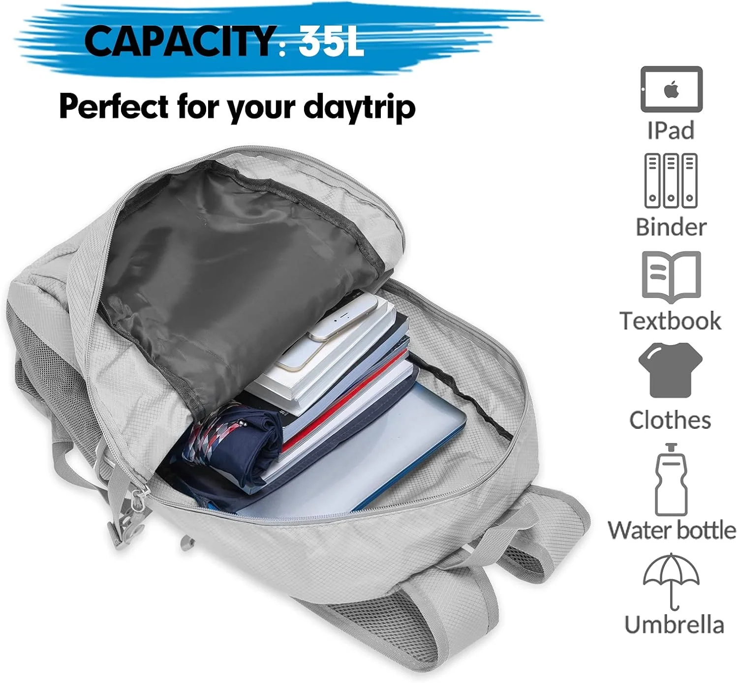 کوله پشتی تاشو سبک وزن ZOMAKE با ظرفیت 35 لیتر، کوله پشتی پیاده روی ضد آب، کیف مسافرتی نایلونی، کوله پشتی ورزشی در فضای باز، مناسب برای کمپینگ، پیاده روی و کوهنوردی برای آقایان، بانوان و سالمندان