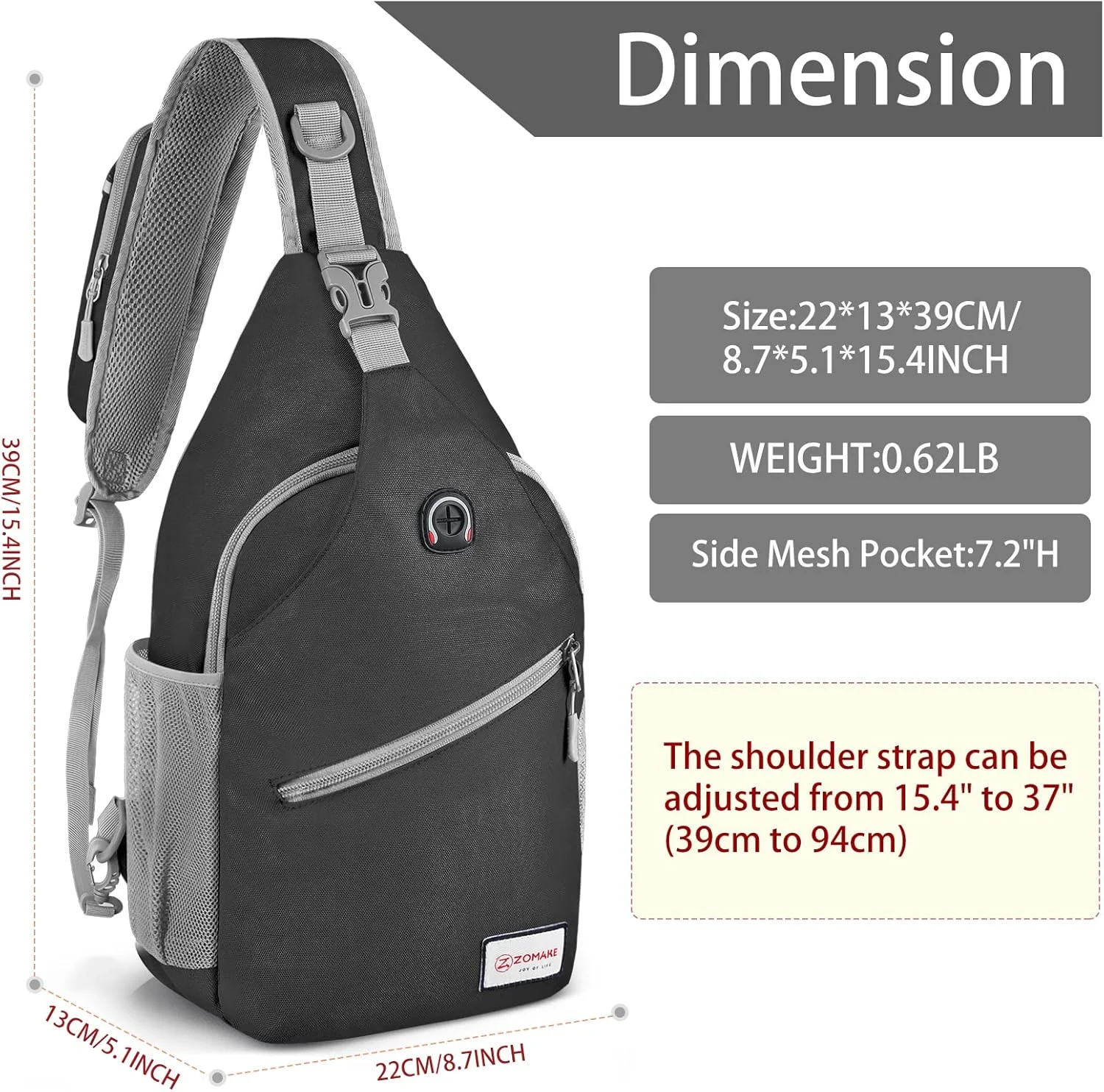 کیف دوشی زومیک، کوله پشتی یک طرفه مردانه و زنانه - کیف سینه ای و شانه ای بزرگ 8 لیتری، کوله پشتی ضد آب مناسب سفر، پیاده روی، دارای پورت شارژ USB و جک هدفون برای آیپد مینی، دوچرخه سواری و کار