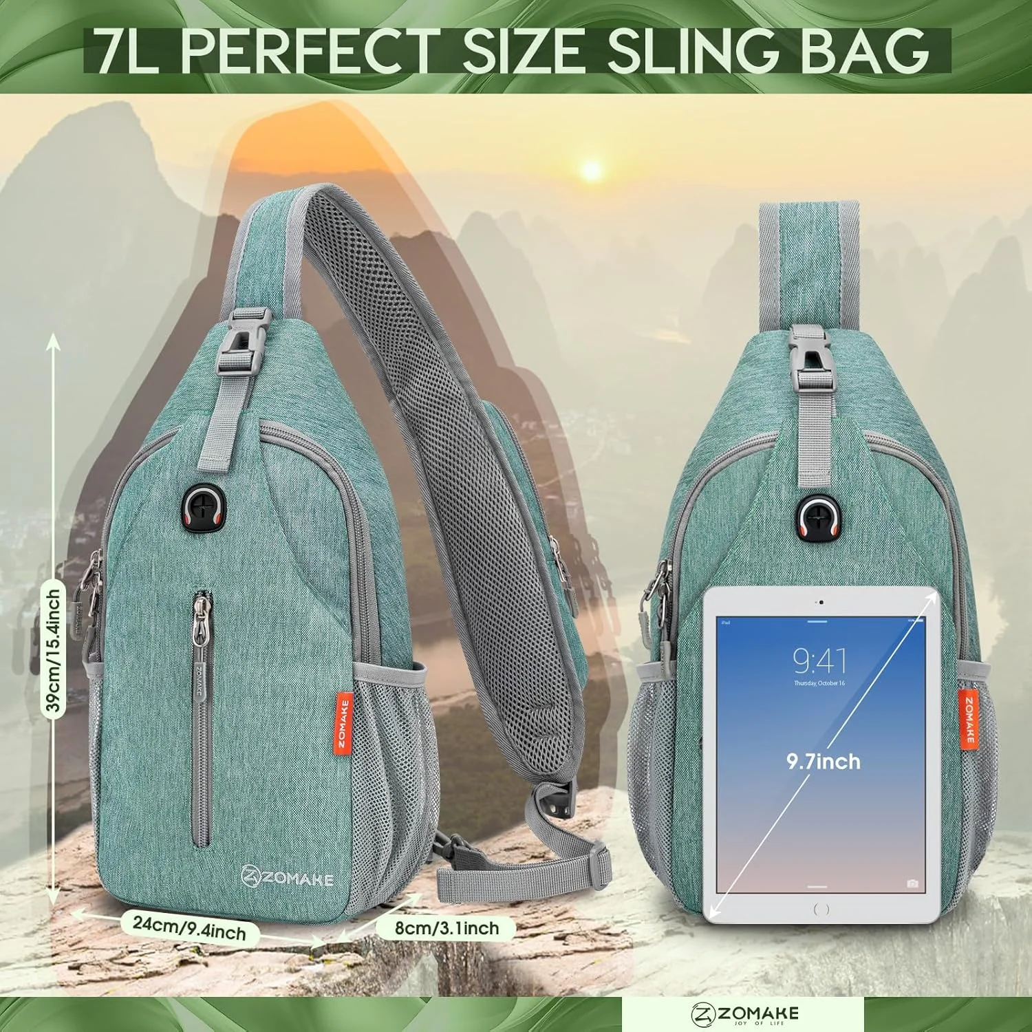 کیف دوشی زومیک مناسب آقایان و بانوان - کوله پشتی یک طرفه بزرگ با حجم 7 لیتر، مناسب سفر، پیاده روی، کوله پشتی ضد آب با پورت شارژ USB و جک هدفون برای آیپد مینی، دوچرخه سواری و کار