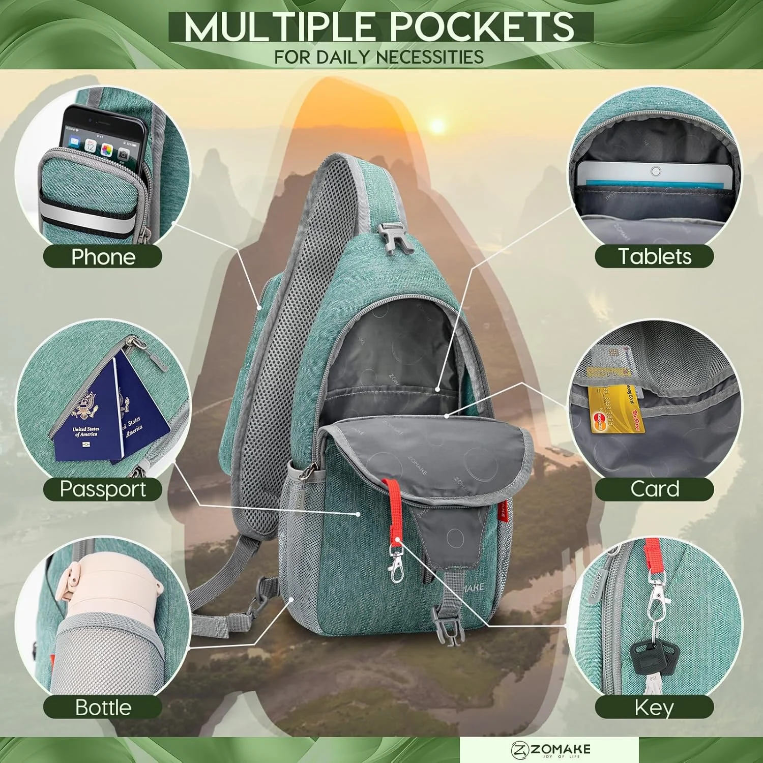 کیف دوشی زومیک مناسب آقایان و بانوان - کوله پشتی یک طرفه بزرگ با حجم 7 لیتر، مناسب سفر، پیاده روی، کوله پشتی ضد آب با پورت شارژ USB و جک هدفون برای آیپد مینی، دوچرخه سواری و کار