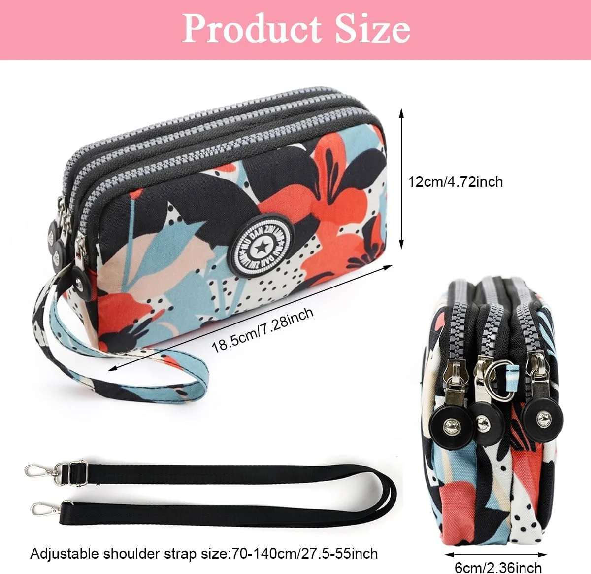 کیف کلاچ زنانه، کیف کوچک دوشی، کیف سه لایه زیپ دار، کیف مسافرتی، کیف کلاچ با بند شانه قابل جدا شدن، کیف تلفن پارچه آکسفورد، 18x6x12 سانتی متر
