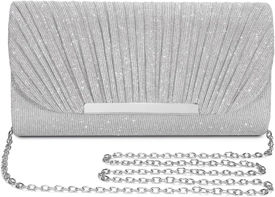 کیف مجلسی زنانه، کیف دستی کلاچ برای بانوان و دختران، کیف دستی کراس بادی، کیف عروسی برای مهمانی نامزدی، کیف مجلسی پاکتی درخشان با زنجیر جداشدنی (نقره ای)