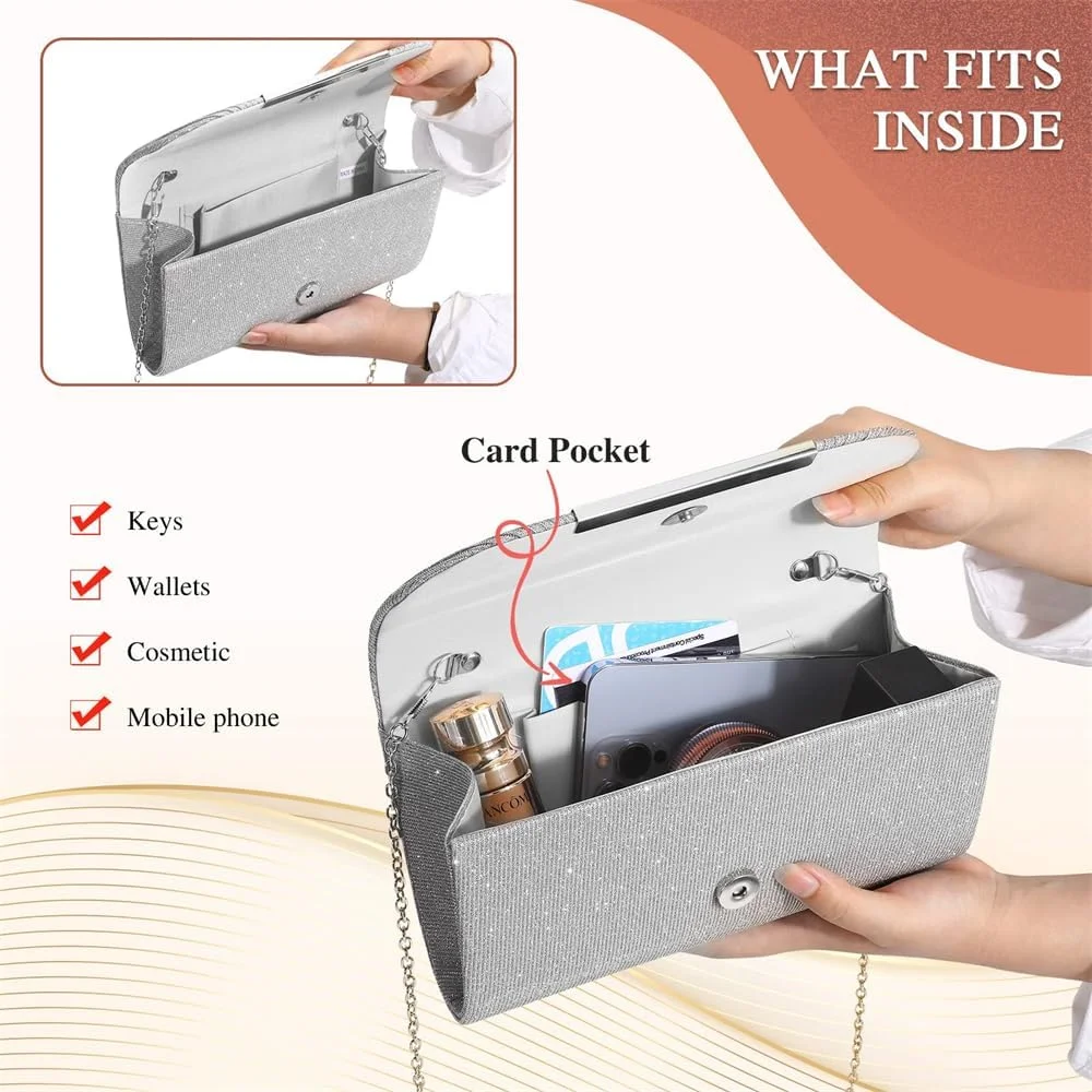 کیف مجلسی زنانه، کیف دستی کلاچ برای بانوان و دختران، کیف دستی کراس بادی، کیف عروسی برای مهمانی نامزدی، کیف مجلسی پاکتی درخشان با زنجیر جداشدنی (نقره ای) کیف مجلسی زنانه، کیف دستی کلاچ برای بانوان و دختران، کیف دستی کراس بادی، کیف عروسی برای مهمانی نامزدی، کیف مجلسی پاکتی درخشان با زنجیر جداشدنی (نقره ای)