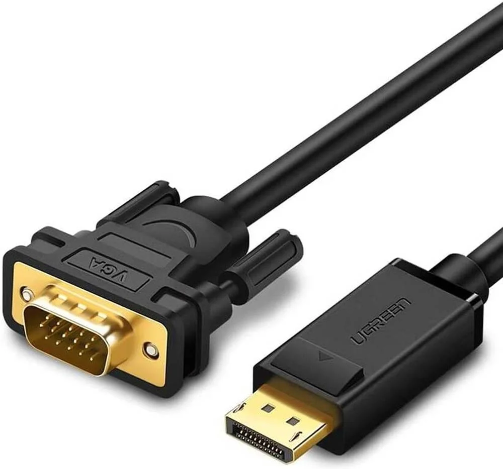 کابل انتقال تصویر DisplayPort به VGA یوگرین مدل DP105، اتصال نر به نر، چیپست آنالوگ ANX9833، رابط روکش طلا، تا 1920x1080P @ 60Hz، جنس TPE، طول 1.5 متر، مشکی | 10247