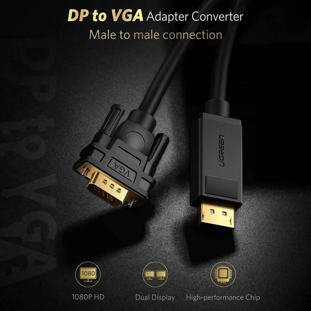 کابل انتقال تصویر DisplayPort به VGA یوگرین مدل DP105، اتصال نر به نر، چیپست آنالوگ ANX9833، رابط روکش طلا، تا 1920x1080P @ 60Hz، جنس TPE، طول 1.5 متر، مشکی | 10247