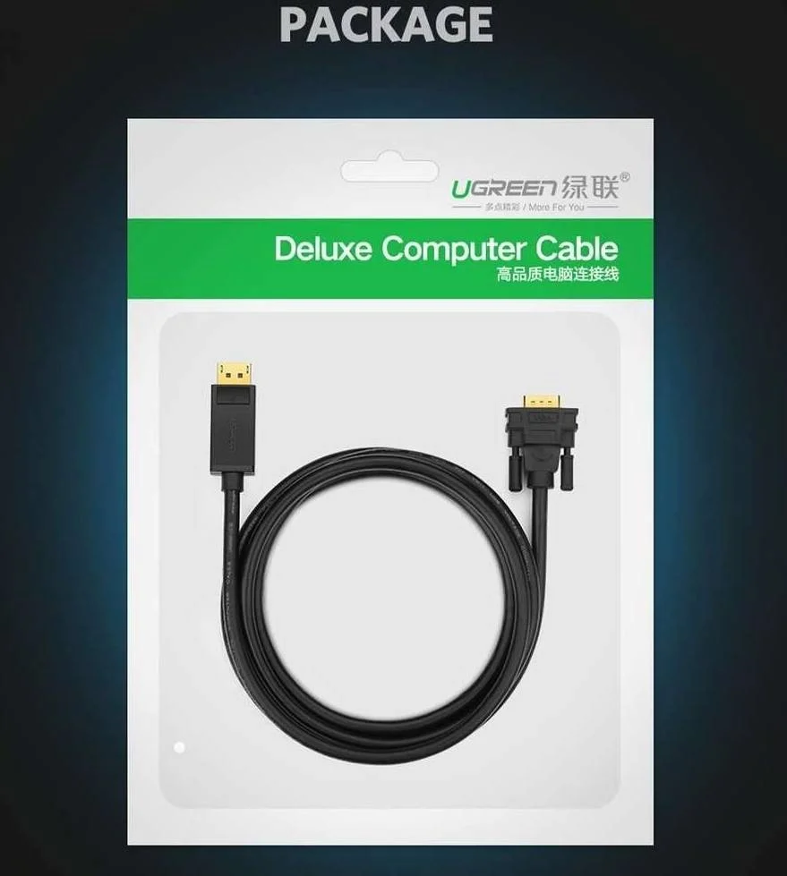 کابل انتقال تصویر DisplayPort به VGA یوگرین مدل DP105، اتصال نر به نر، چیپست آنالوگ ANX9833، رابط روکش طلا، تا 1920x1080P @ 60Hz، جنس TPE، طول 1.5 متر، مشکی | 10247
