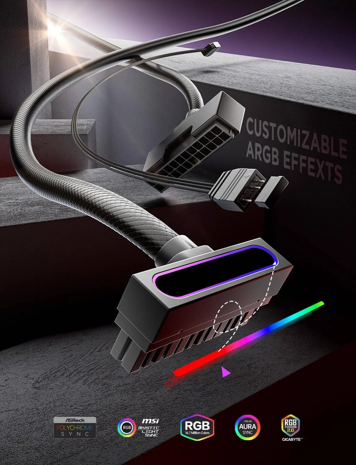 کابل افزایش طول 24 پین منبع تغذیه کامپیوتر AsiaHorse Hydrus با LED ARGB، کابل افزایش طول برق مادربرد با سیم مسی، طراحی یکپارچه مینیمالیستی، توان 2000 وات (مجموعه کامل)، سیم برق کامپیوتر برای مدیریت کابل و DIY